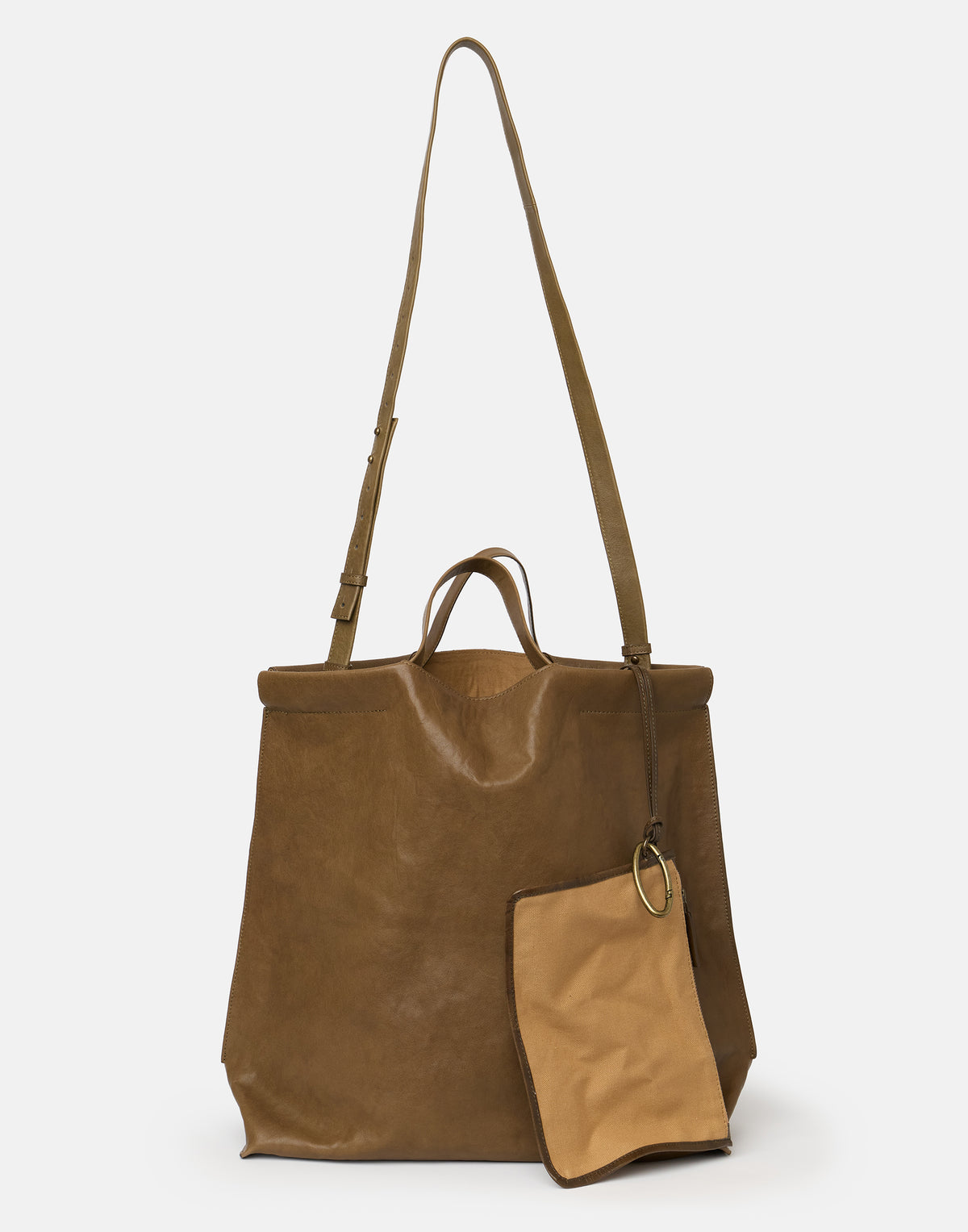 Khaki Leather Large Shopper Bag