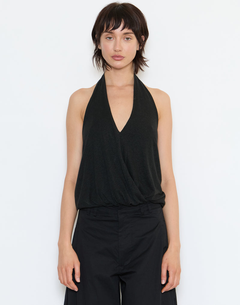 Black Linen Blend Halter Top