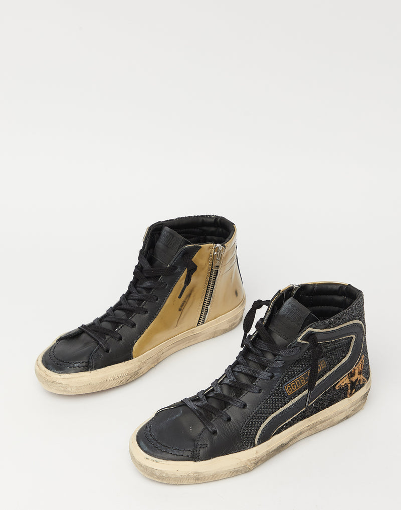 Black Glitter & Gold Slide Sneakers