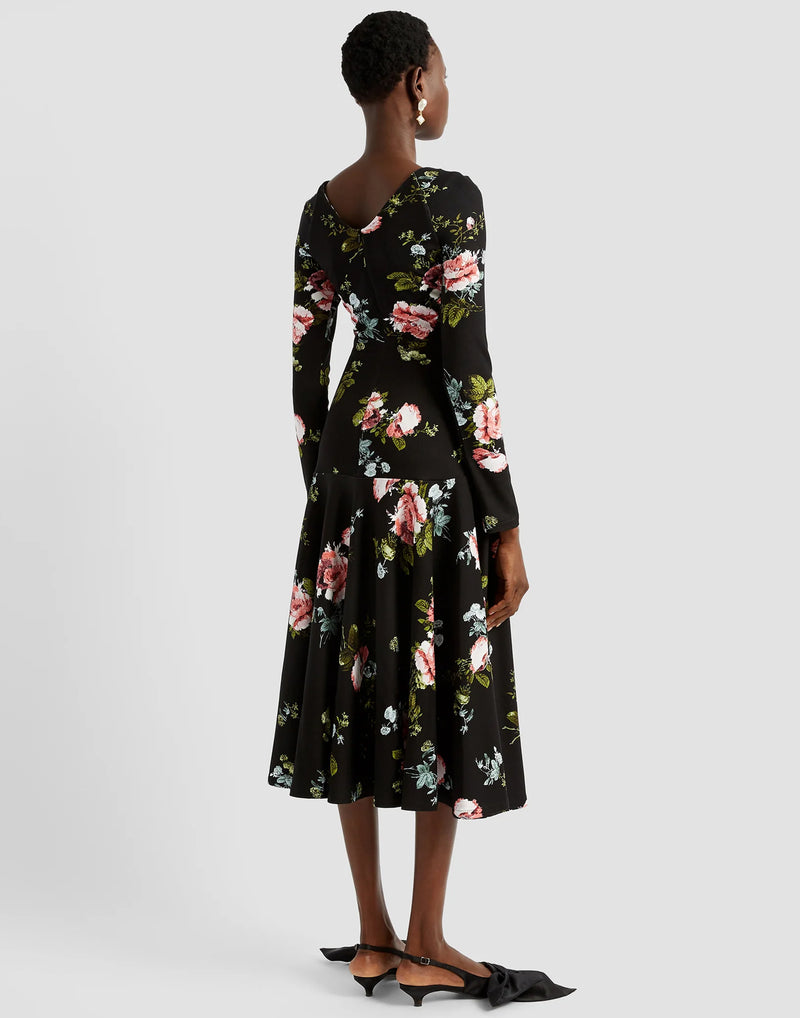 Black Floral Stretch Jersey Midi Dress