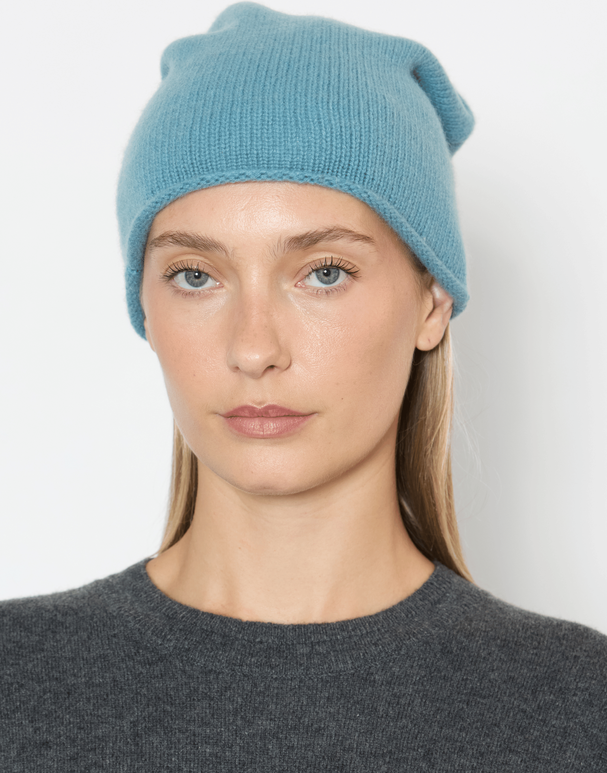 Lake Blue Cashmere Rolled Edge Beanie