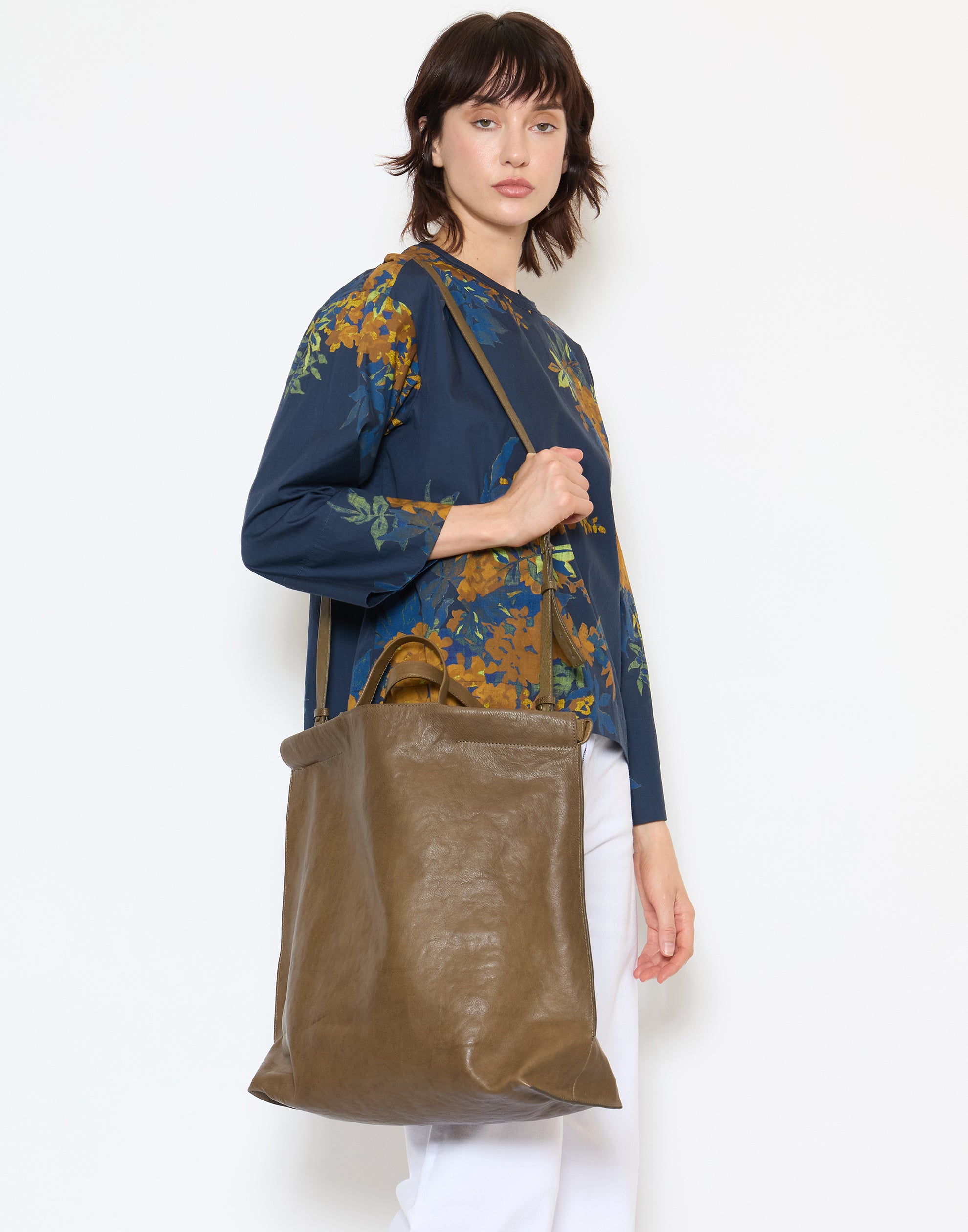 Khaki Leather Large Shopper Bag