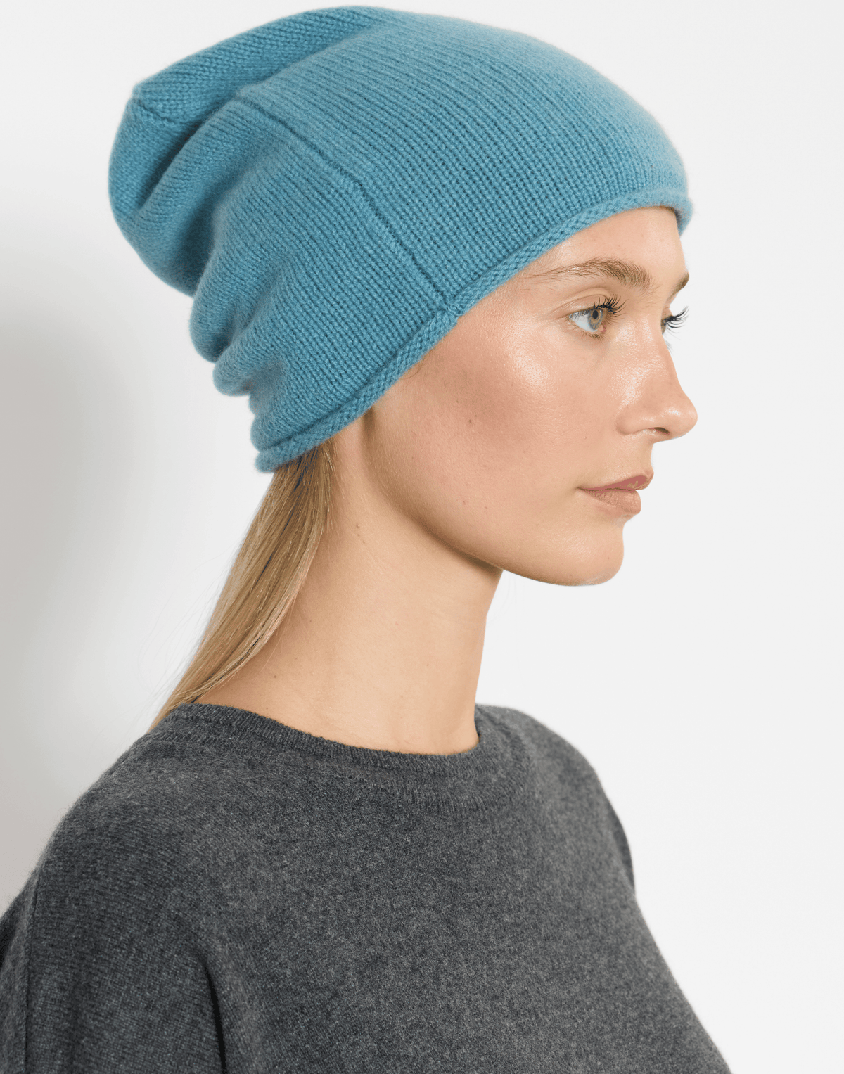 Lake Blue Cashmere Rolled Edge Beanie