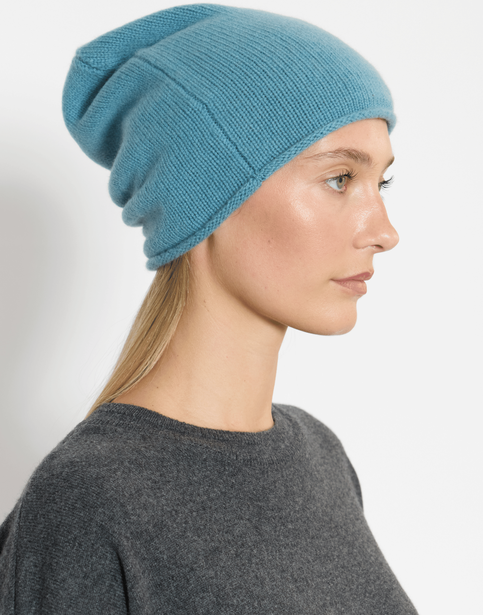 Lake Blue Cashmere Rolled Edge Beanie