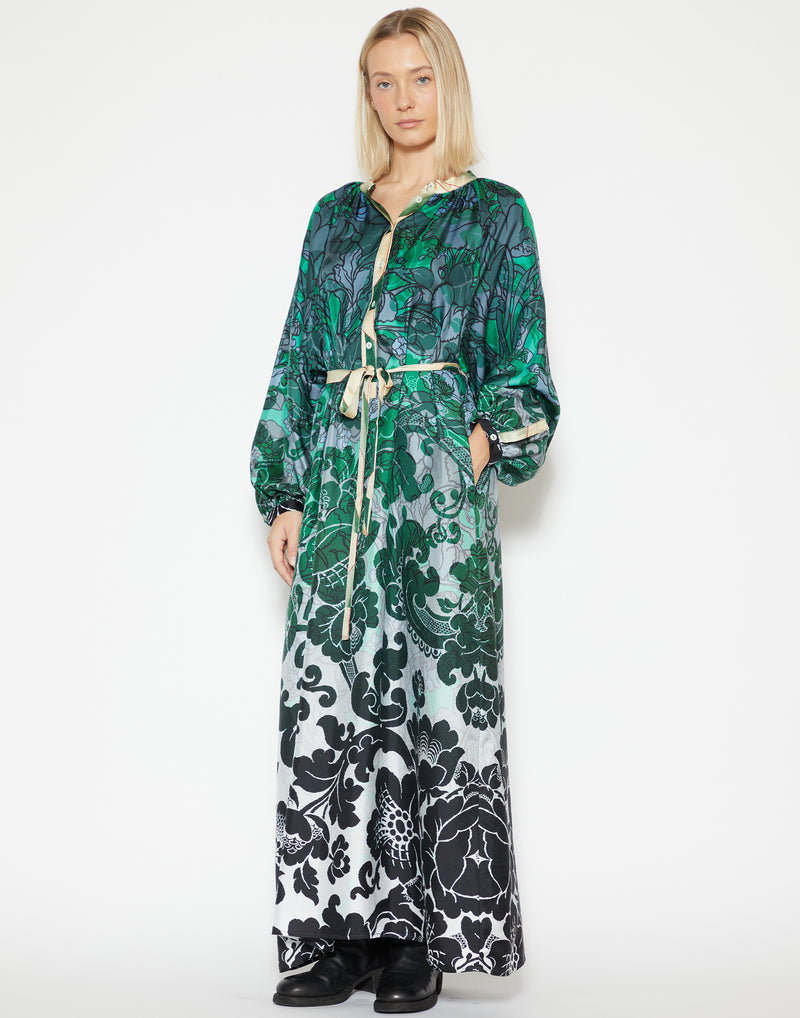 Green Floral Printed Silk Shirt Dress