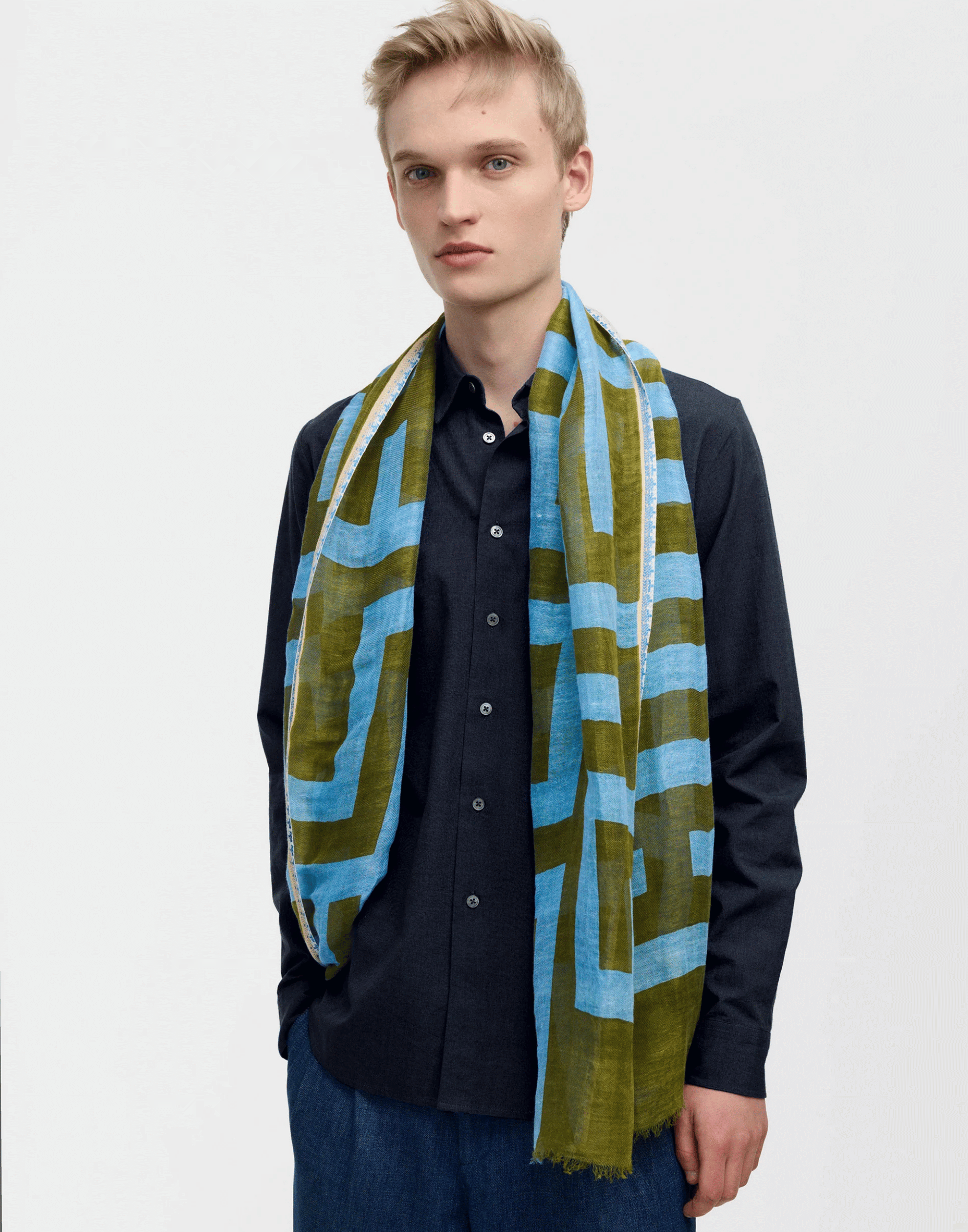 Olive Labyrinth Print Linen & Cotton Scarf