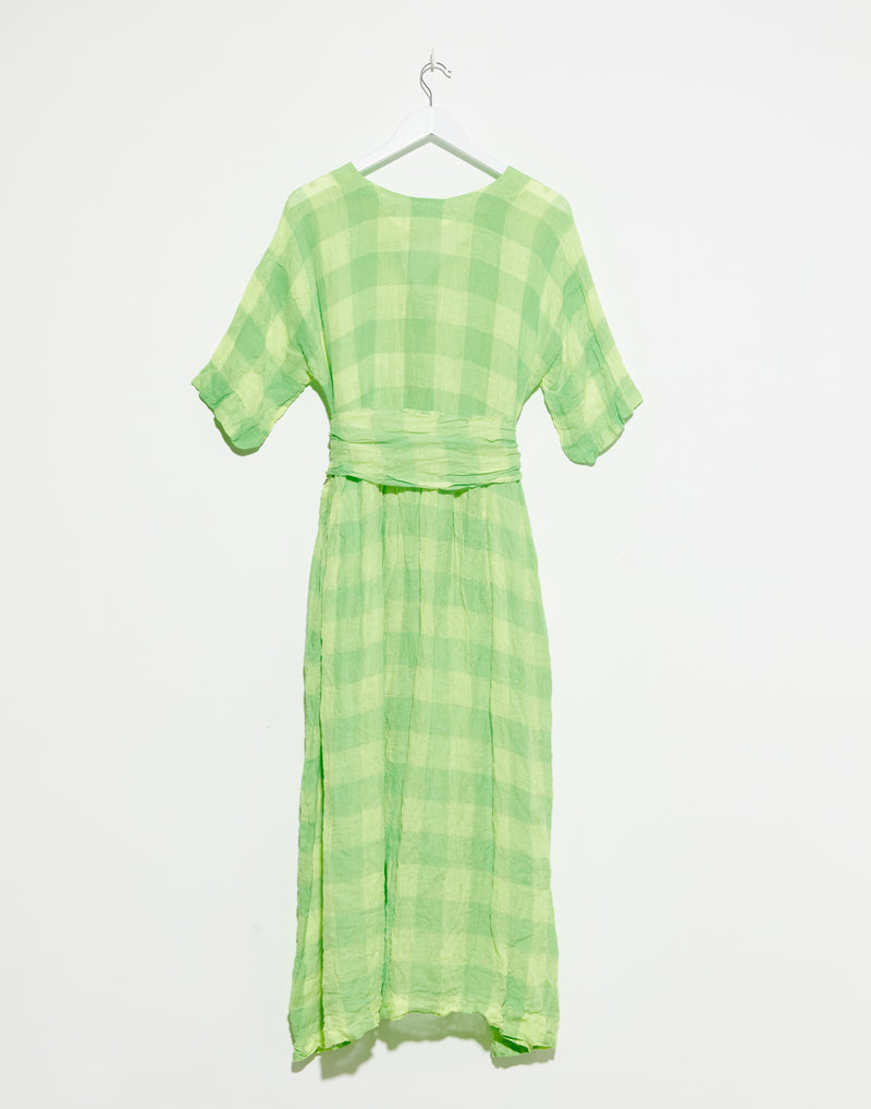 Green & Yellow Check Linen Operaio Rossella Dress