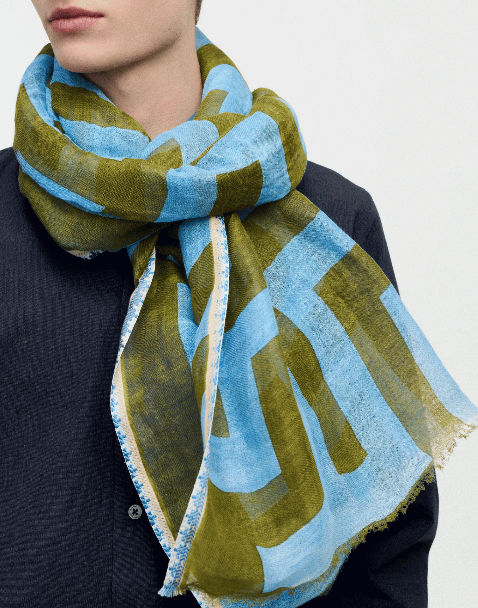 Olive Labyrinth Print Linen & Cotton Scarf
