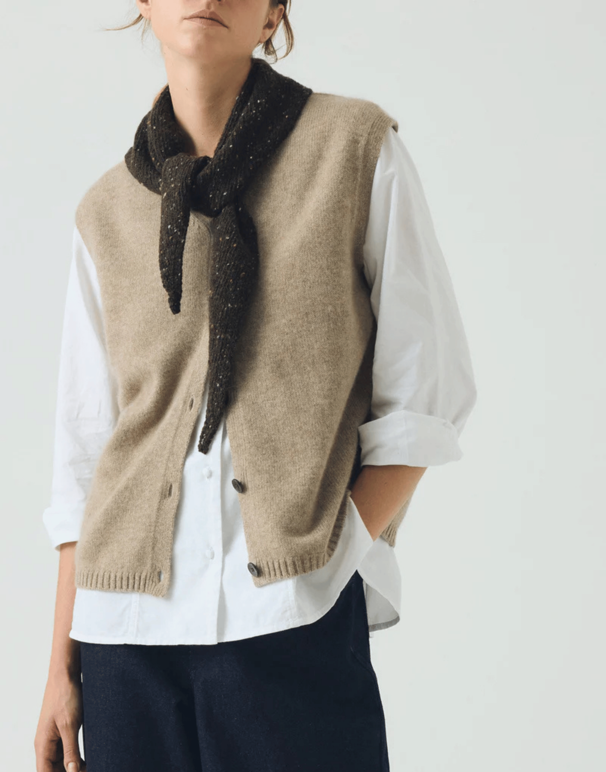 Stone Melange Cashmere & Wool V Neck Vest