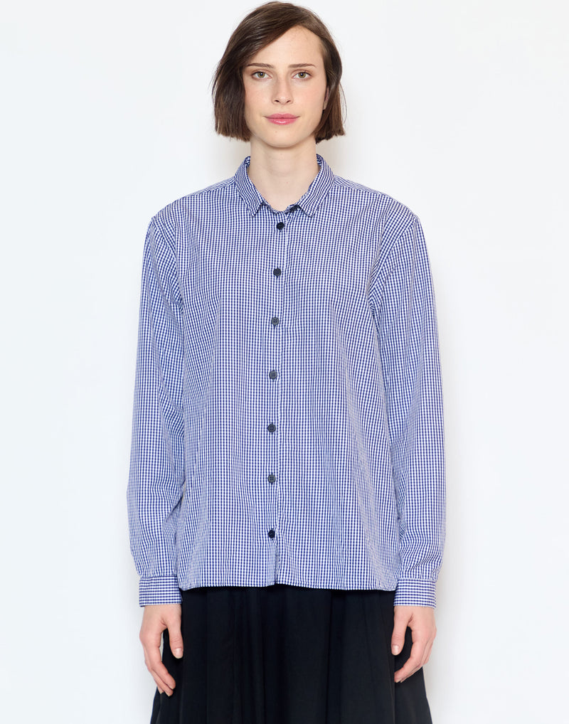 Navy Check Cotton Loose Tyrol Shirt