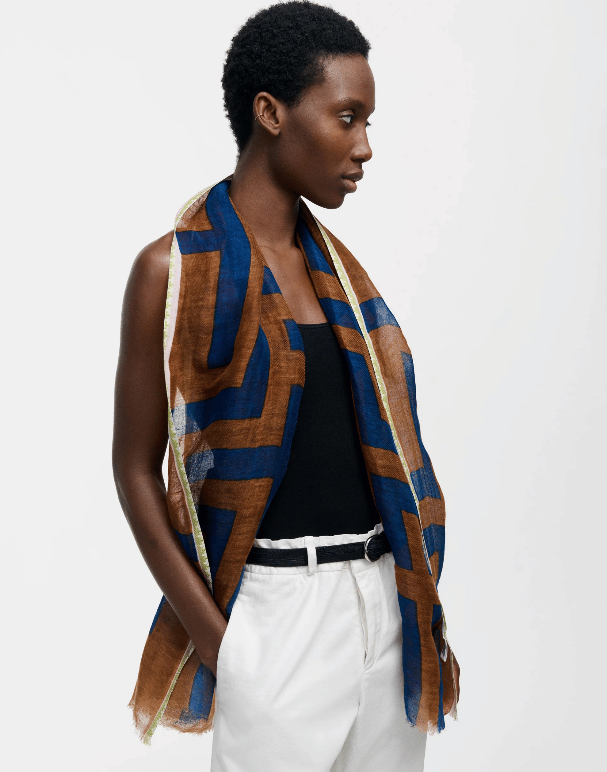 Brown Labyrinth Print Linen & Cotton Scarf