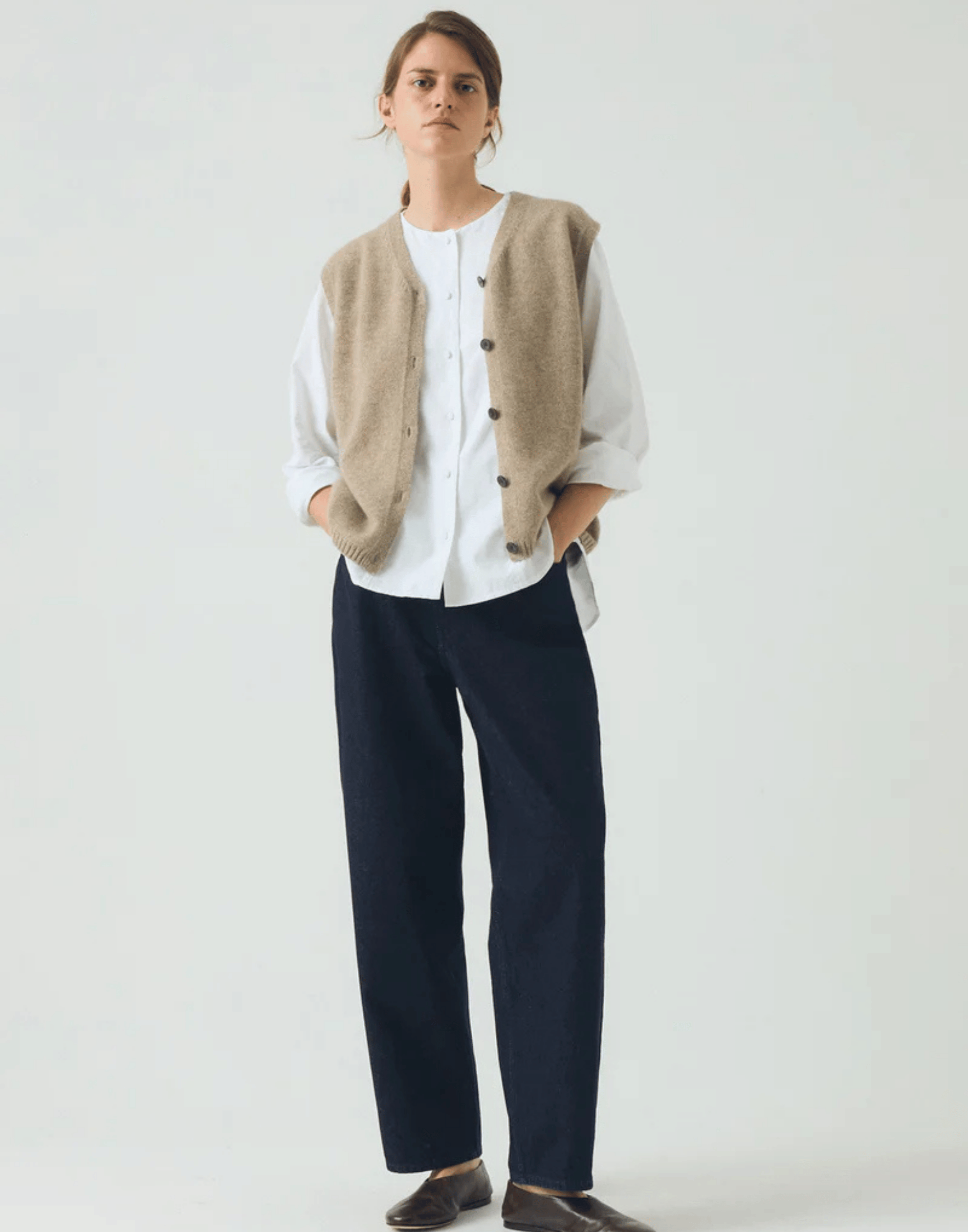 Stone Melange Cashmere & Wool V Neck Vest