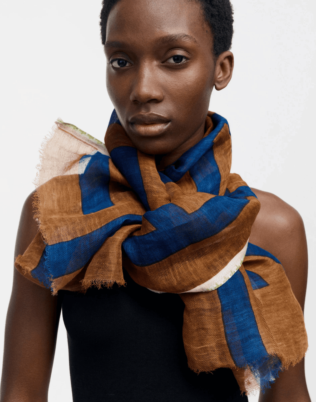 Brown Labyrinth Print Linen & Cotton Scarf