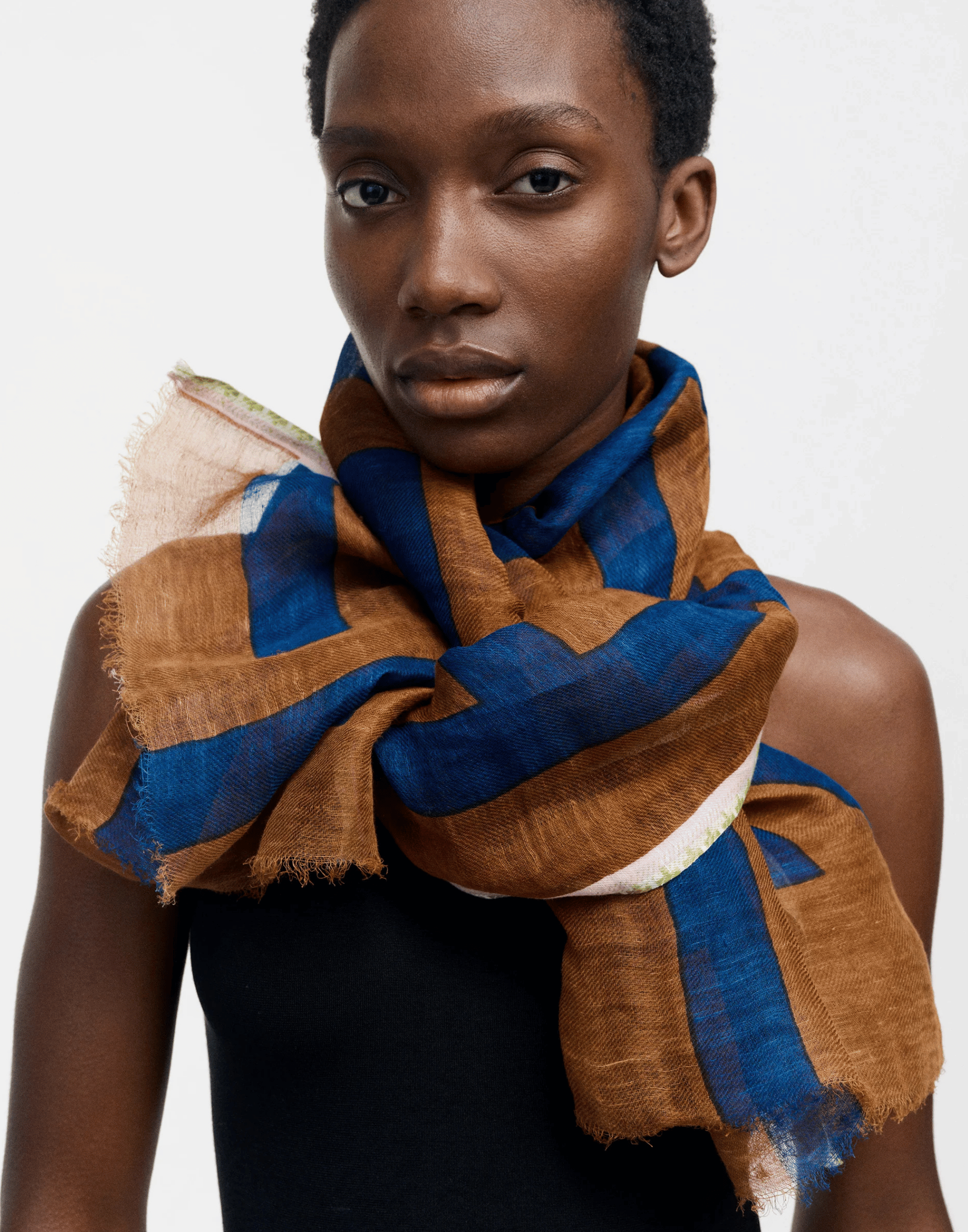 Brown Labyrinth Print Linen & Cotton Scarf