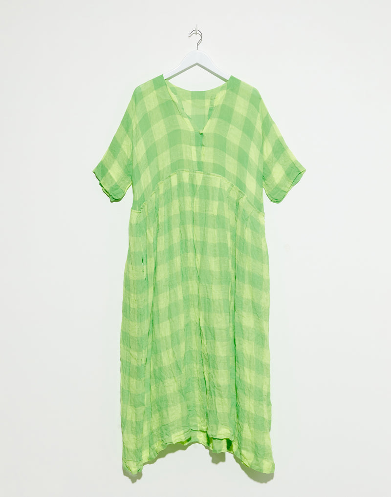Green & Yellow Check Linen Operaio Rossella Dress