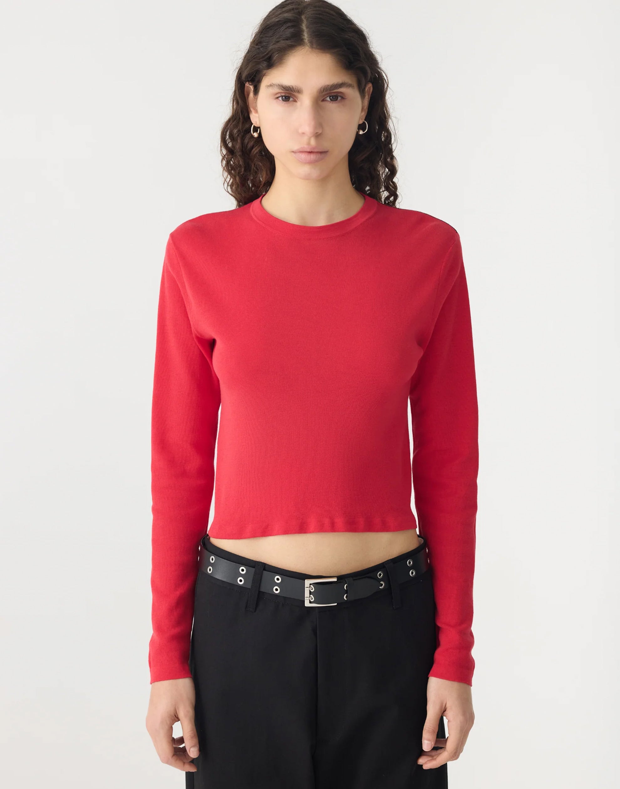Red Cotton Knit Long Sleeve Top