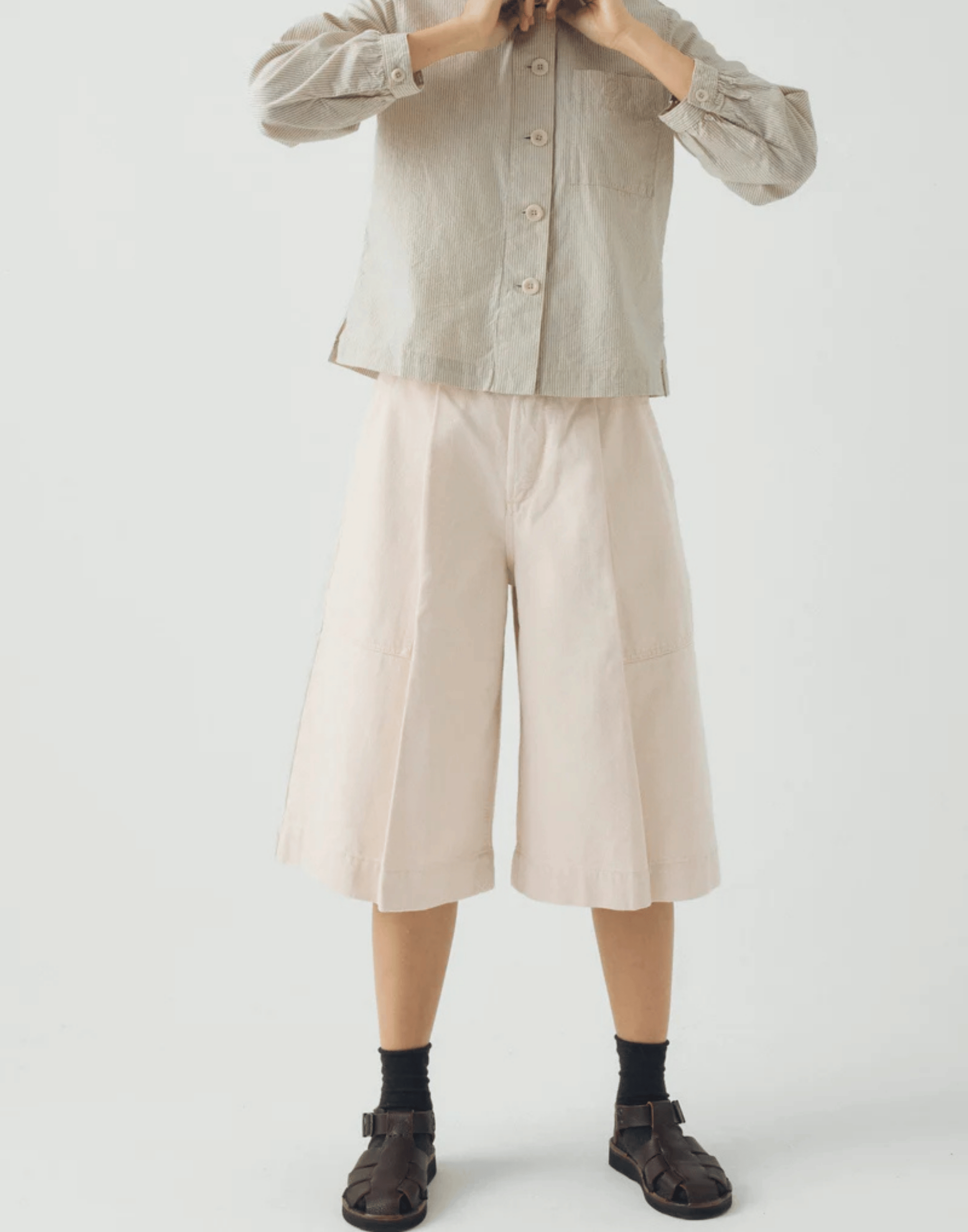 Ecru Cotton Pleated Denim Shorts