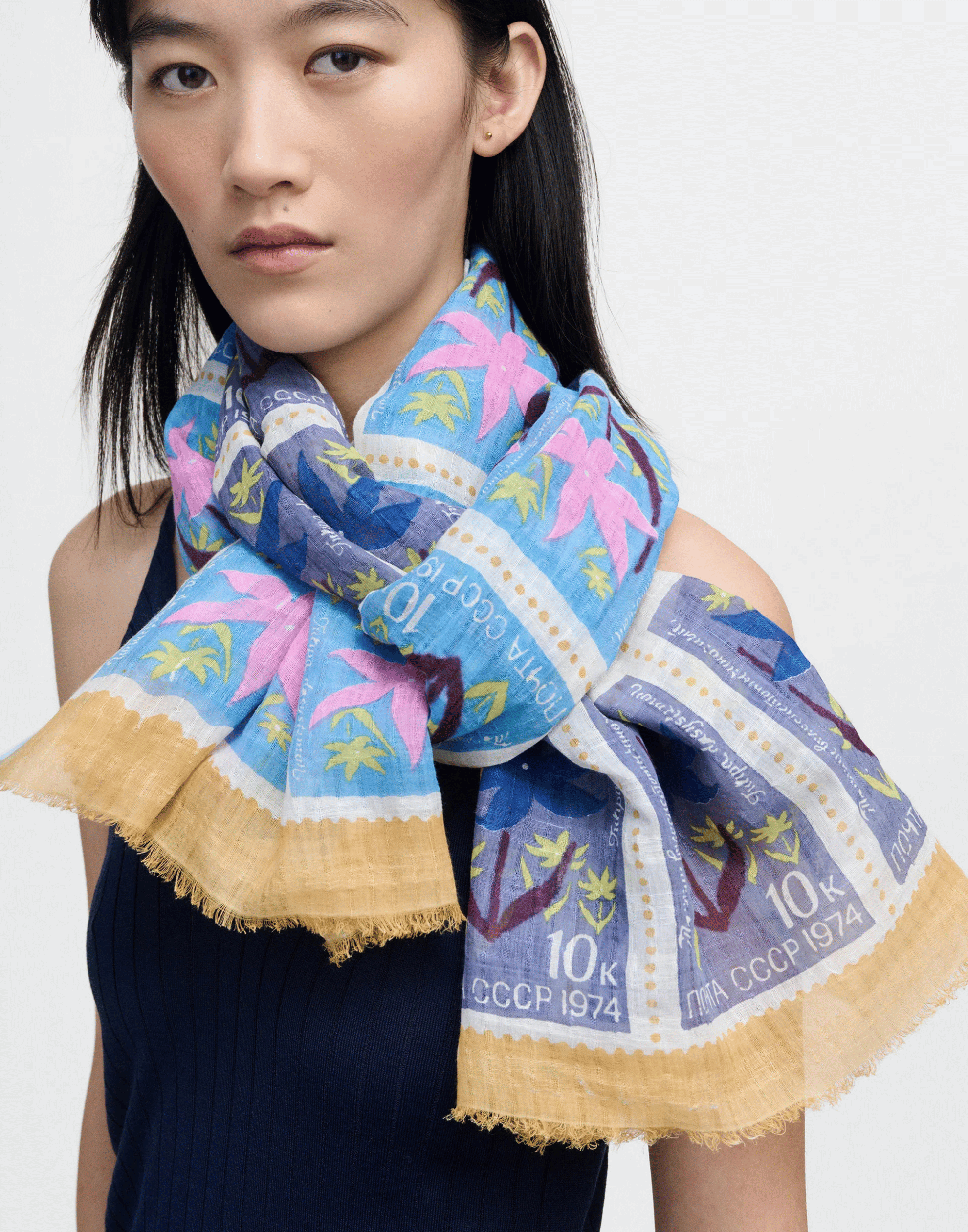 Bluebell Stamp Print Linen & Cotton Scarf
