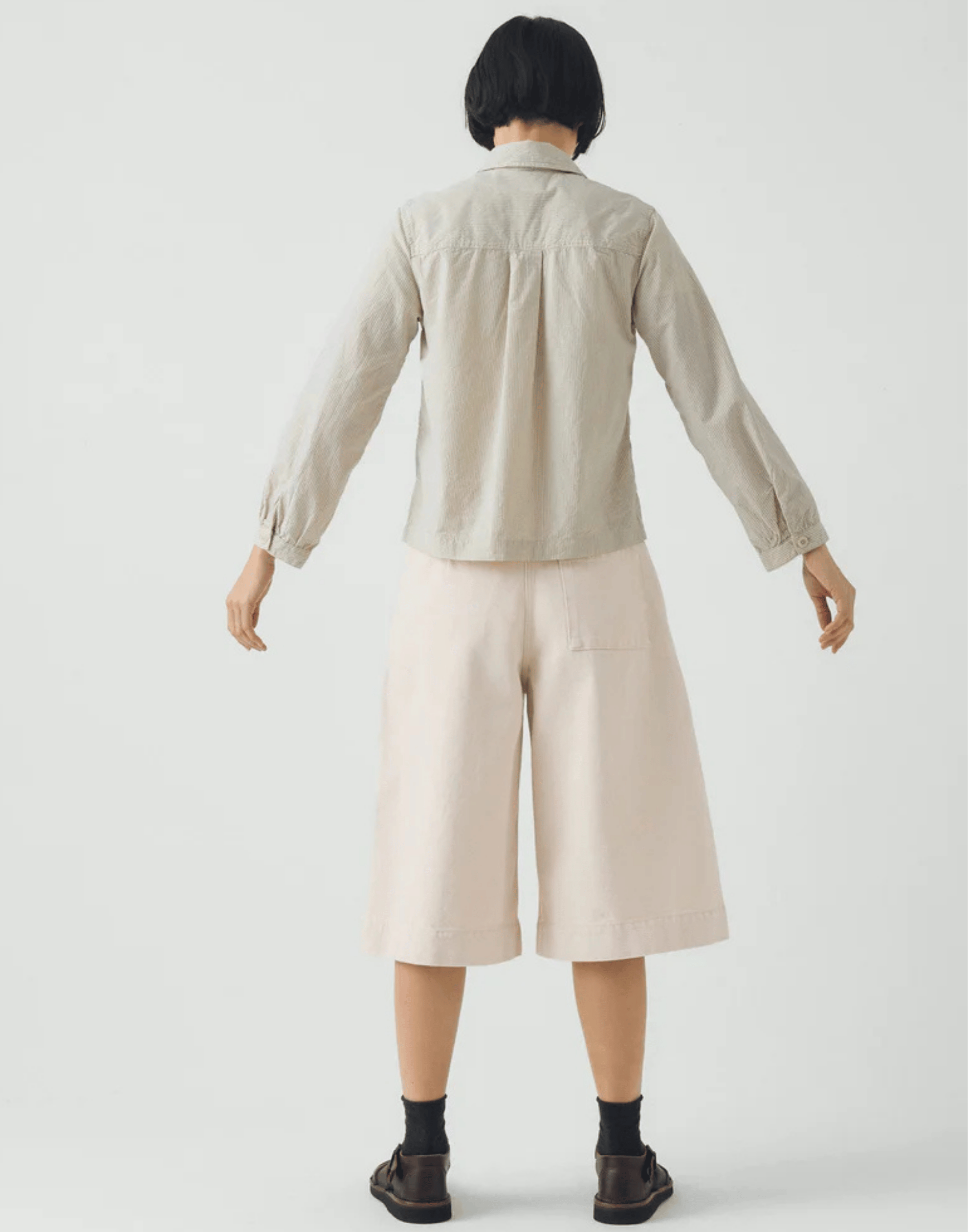 Ecru Cotton Pleated Denim Shorts