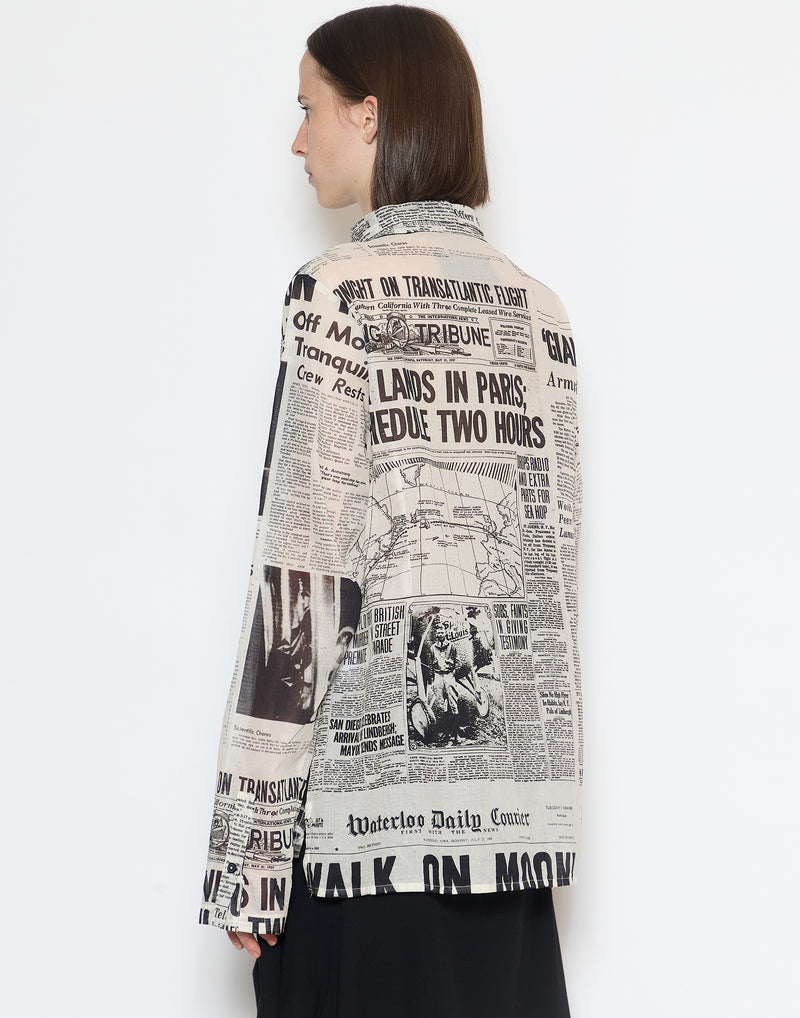 Black News Print Cotton Oversized Shirt