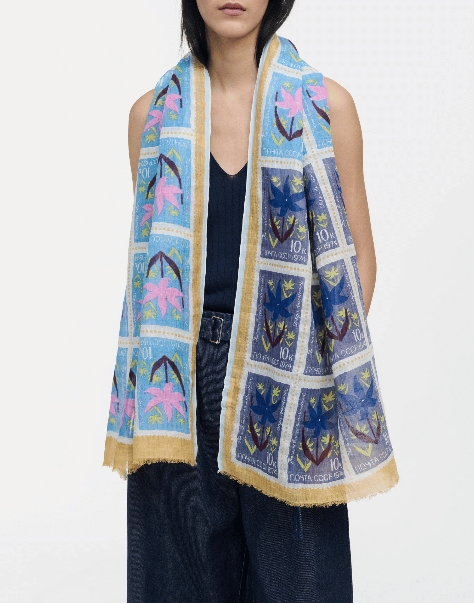 Bluebell Stamp Print Linen & Cotton Scarf