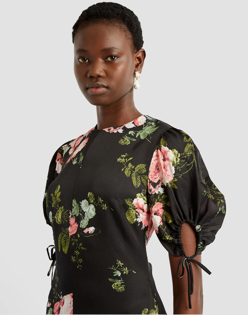 Black Floral Viscose Tie Detail Midi Dress