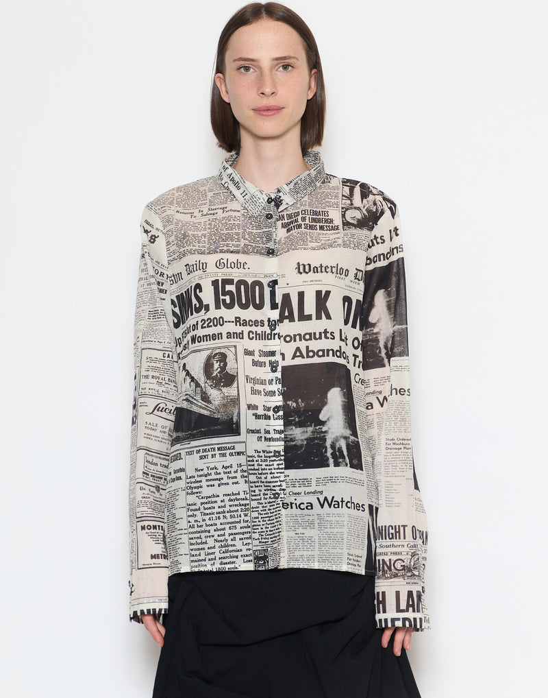 Black News Print Cotton Oversized Shirt