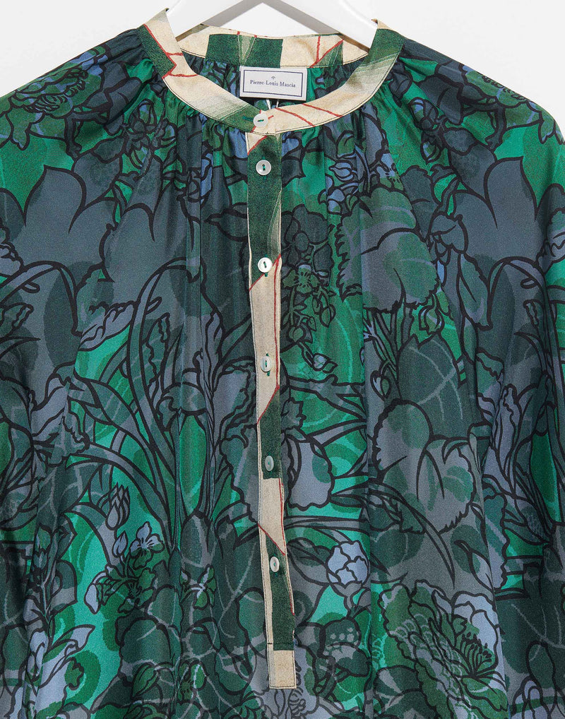 Green Floral Printed Silk Shirt Dress