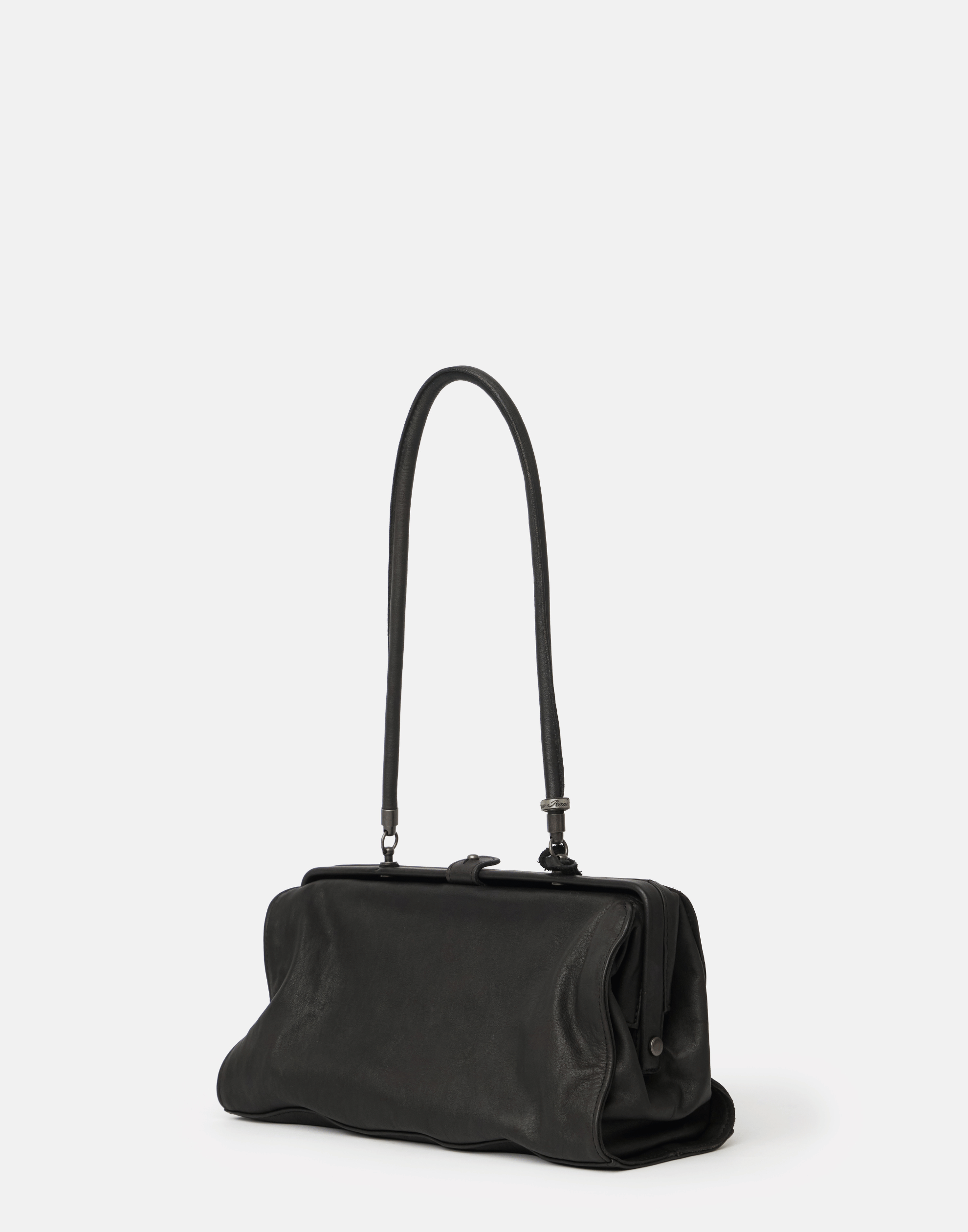 Black Leather Medium Long Handle Bag