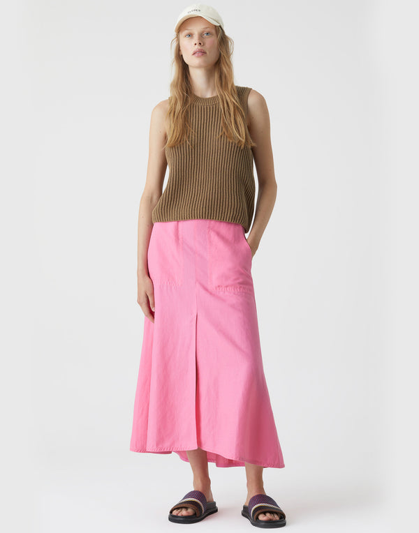 Pink Linen Blend Midi Skirt