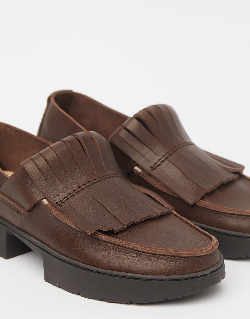 Espresso Brown Leather Fringed Tiger Loafers