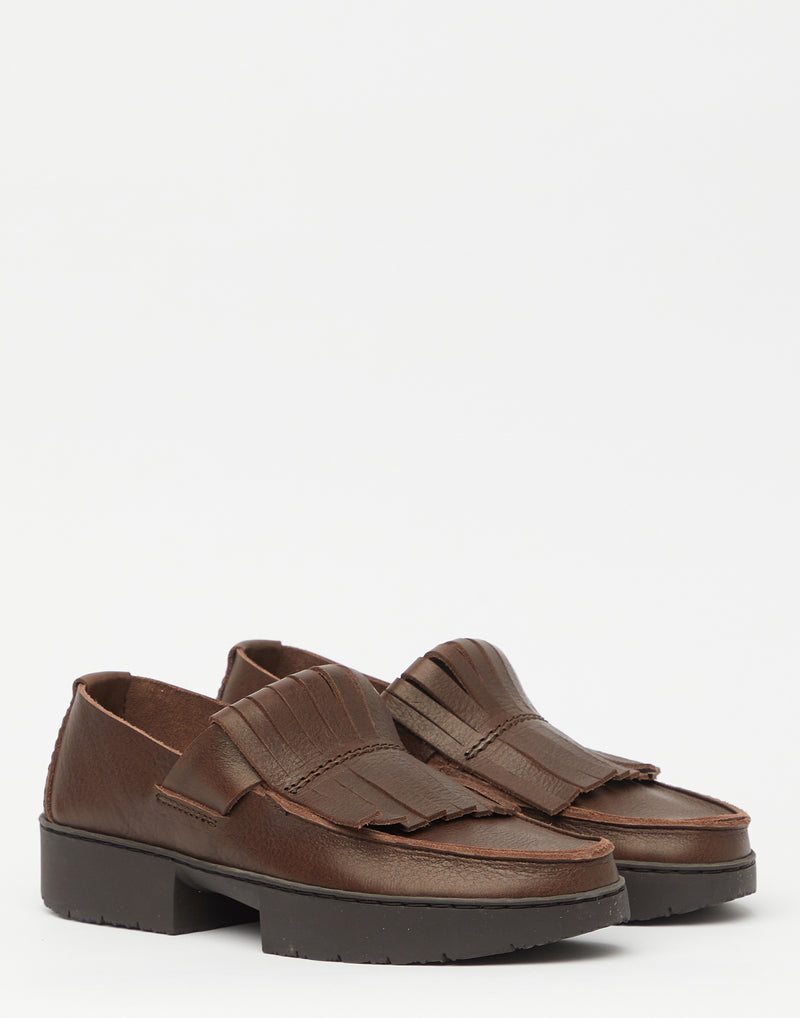 Espresso Brown Leather Fringed Tiger Loafers