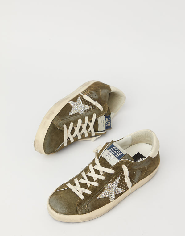 Olive Green Suede & Glitter Superstar Sneakers
