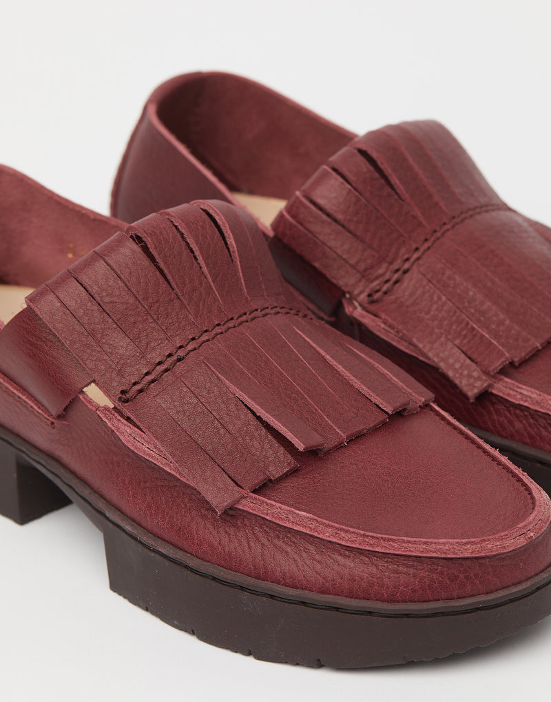 Berry Leather Fringed Tiger Loafers