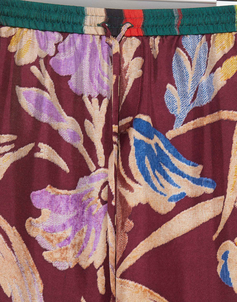 Burgundy & Teal Printed Silk Trousers