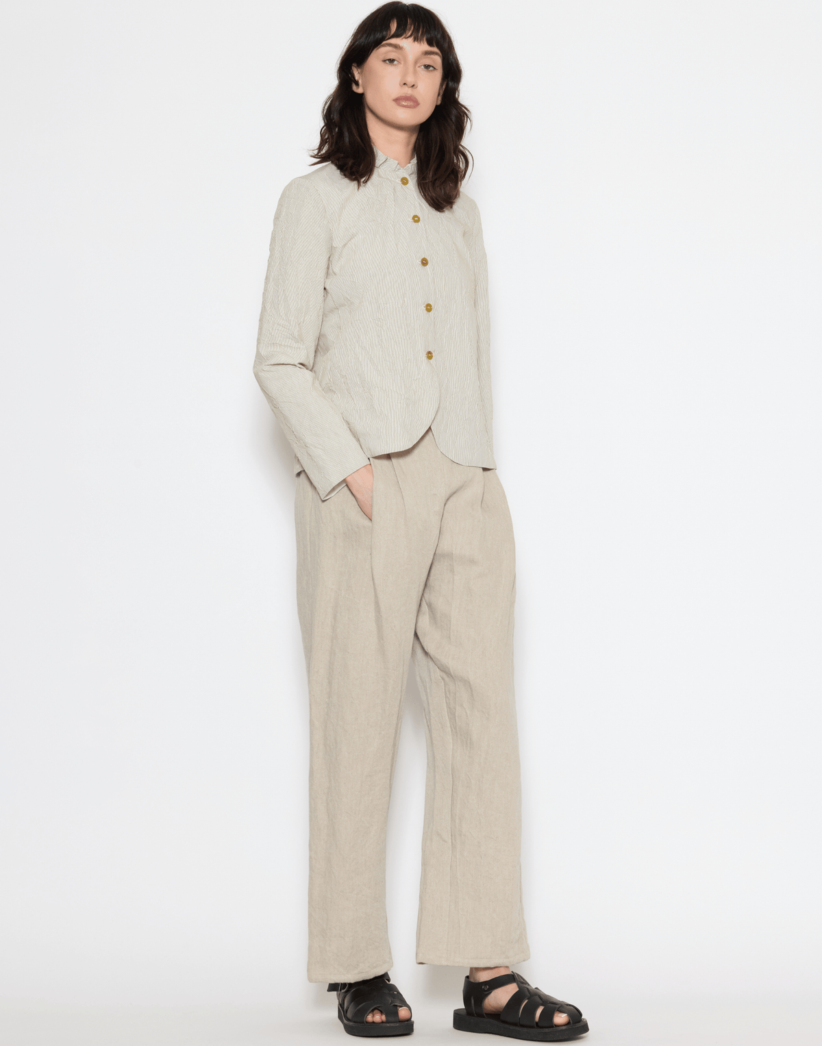Ecru Linen Wide Leg Trousers