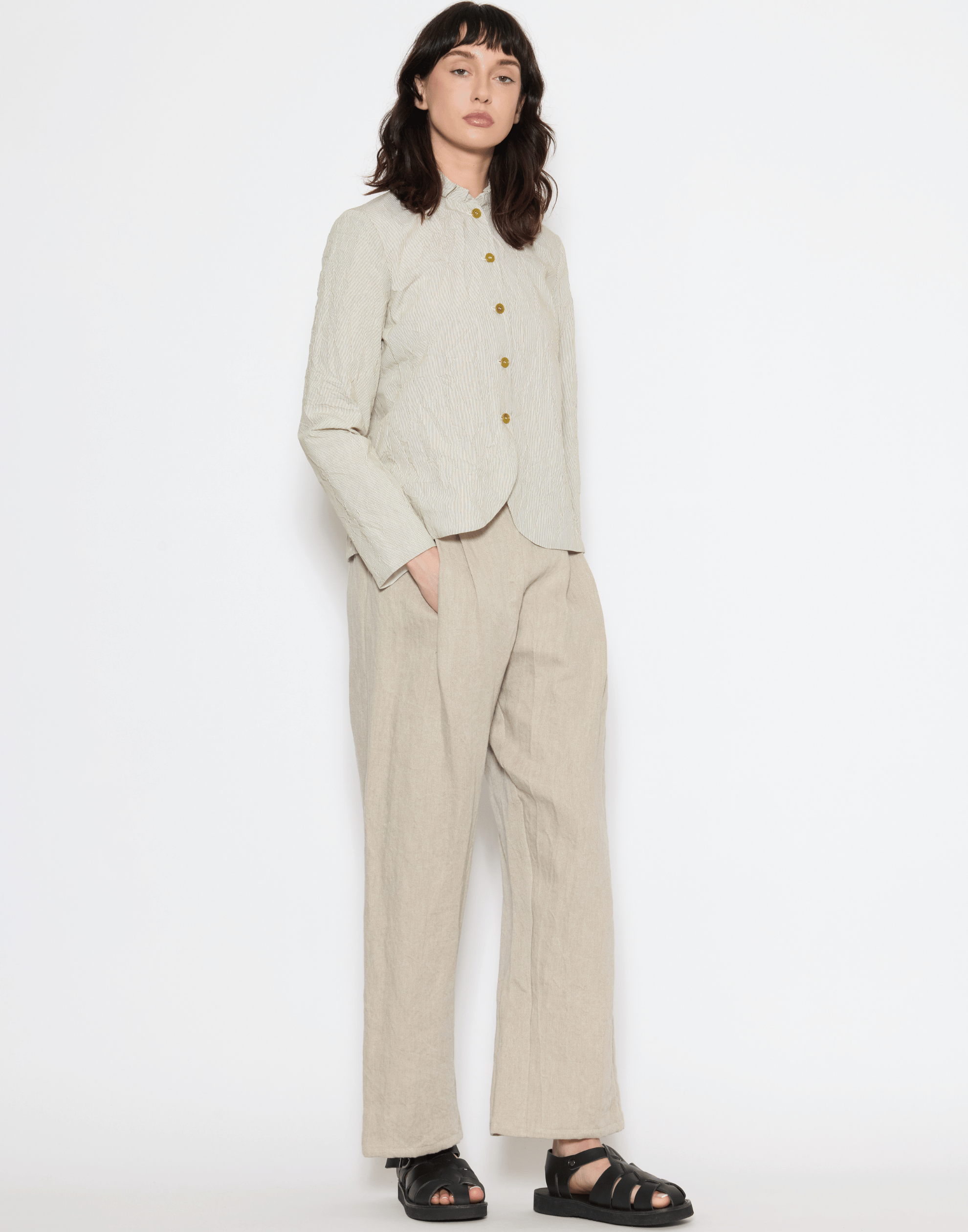 Ecru Linen Wide Leg Trousers