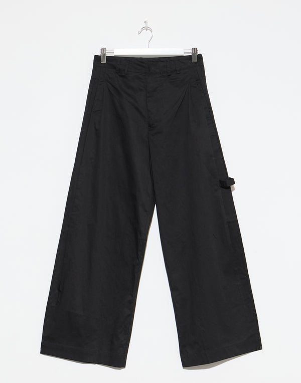 Black Cotton Wide Leg Tab Pants