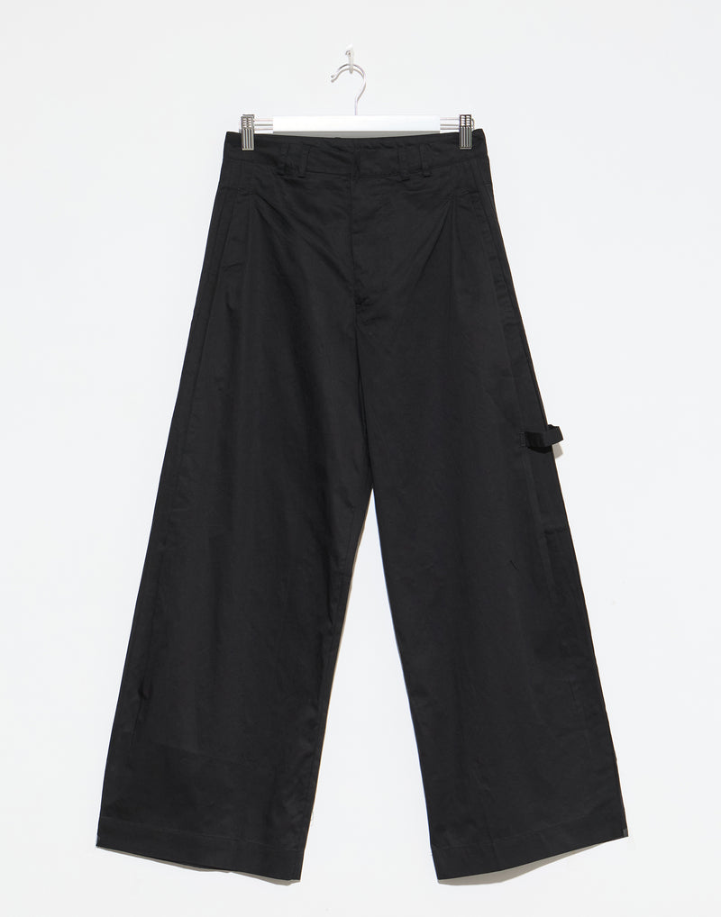 Black Cotton Wide Leg Tab Pants