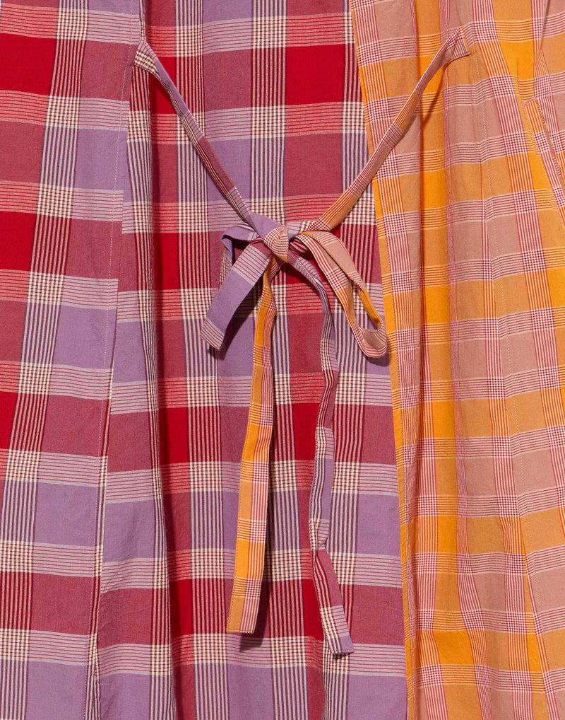 Check Cotton Front Tie Dress