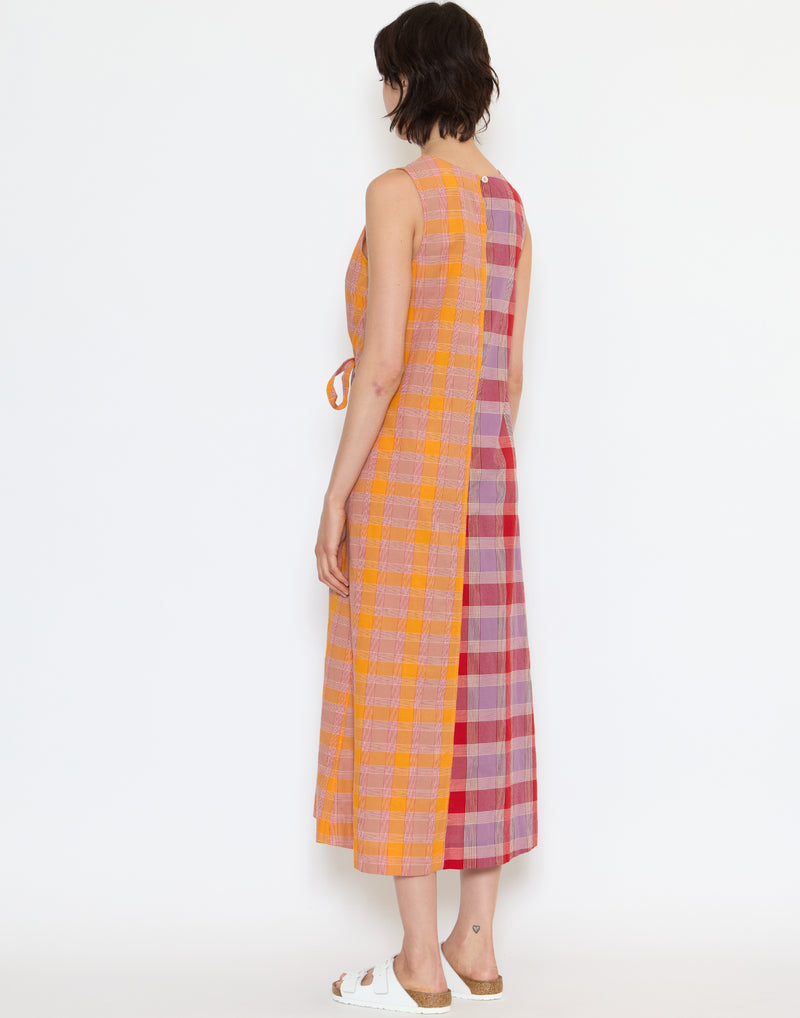 Check Cotton Front Tie Dress