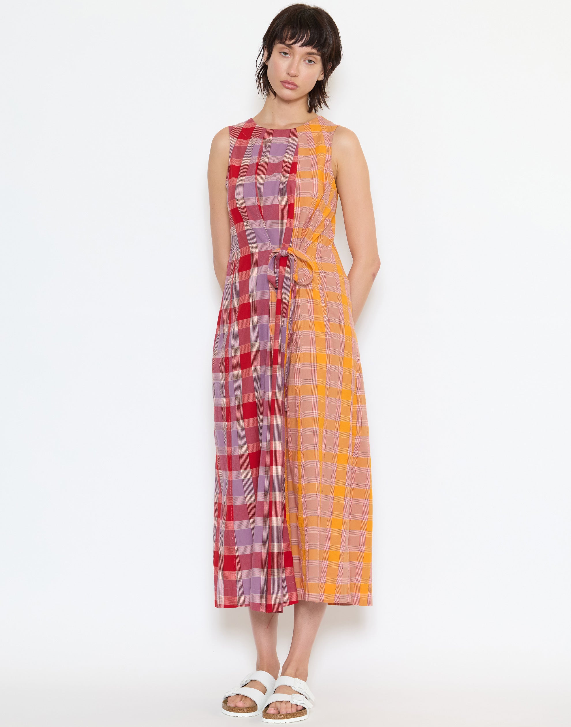 Check Cotton Front Tie Dress