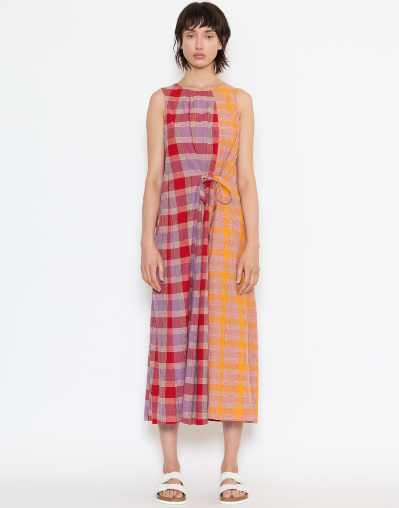 Check Cotton Front Tie Dress