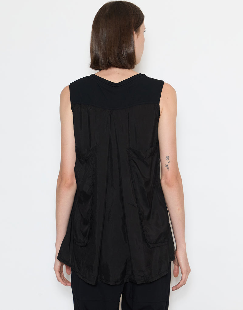 Black Cotton Blend Panelled Tank Top