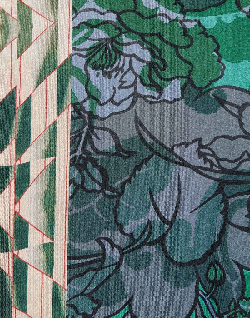 Green Floral Print Silk & Cotton Doppiata Scarf