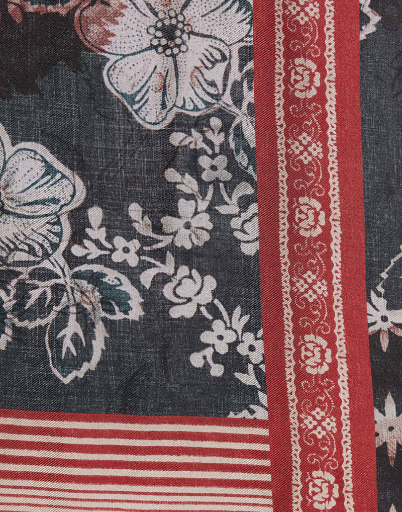 Red Floral Print Silk & Cotton Doppiata Scarf