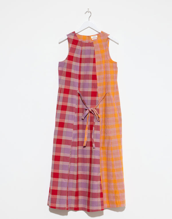Check Cotton Front Tie Dress