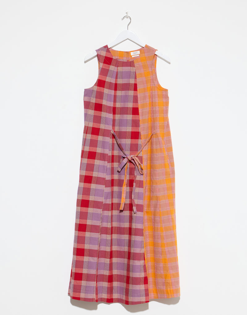 Check Cotton Front Tie Dress