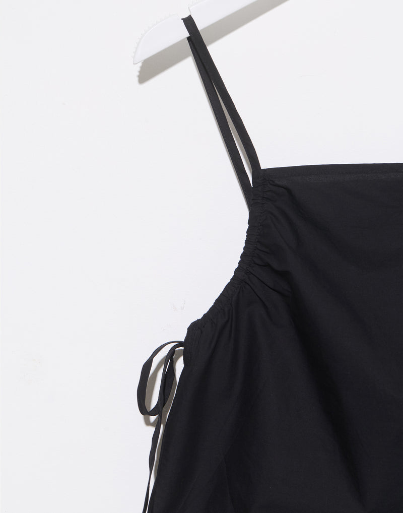Black Cotton Poplin Gathered Strap Top