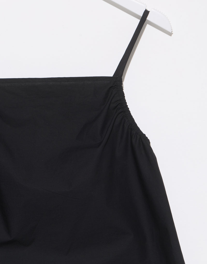 Black Cotton Poplin Gathered Strap Top